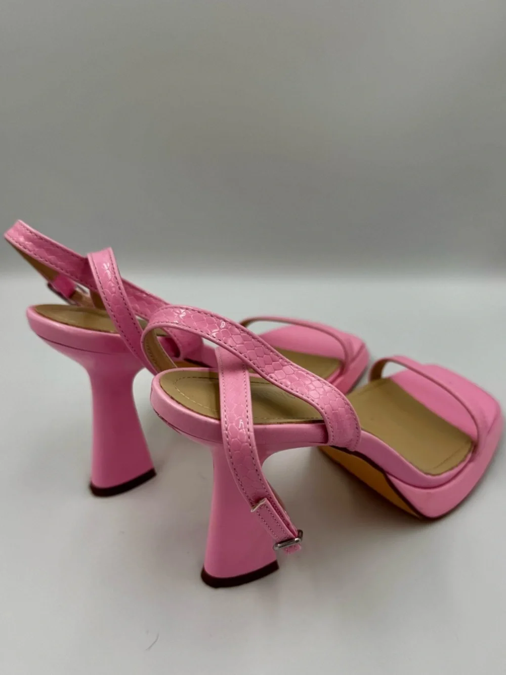 Pink Snakeskin Platform Sandals Square Toe Flare Heel Barbiecore Size 7
